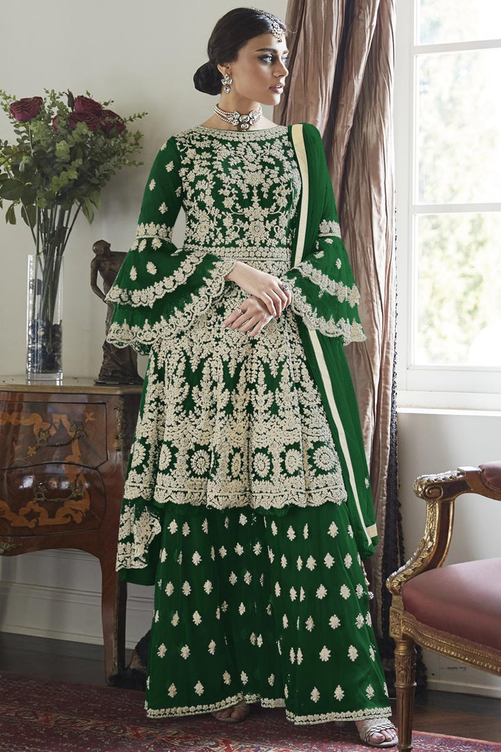 Net Fabric Wedding Wear Embroidered Sharara Suit In Green Color