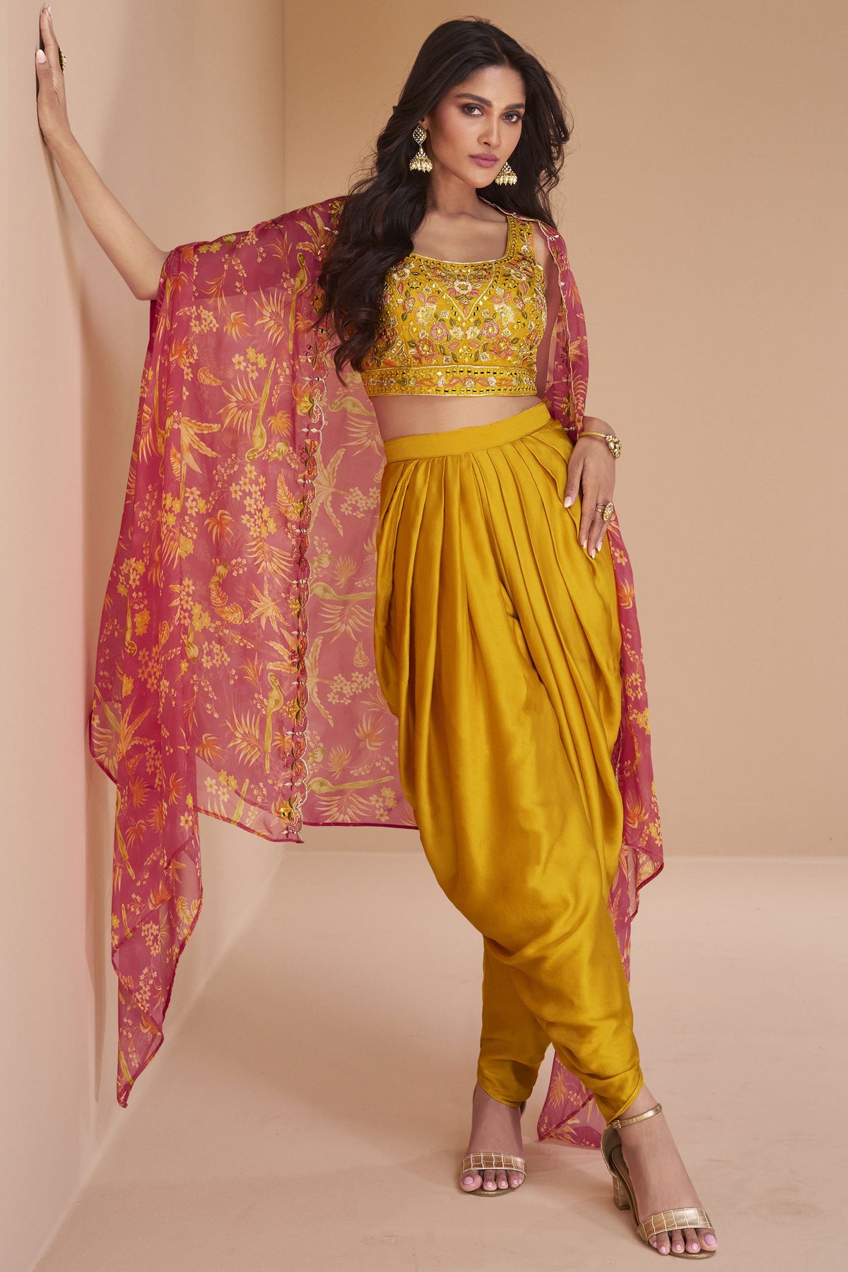 Persian Mustard Color Satin Silk Fabric Readymade Indo Western Dhoti Suit With Shrug