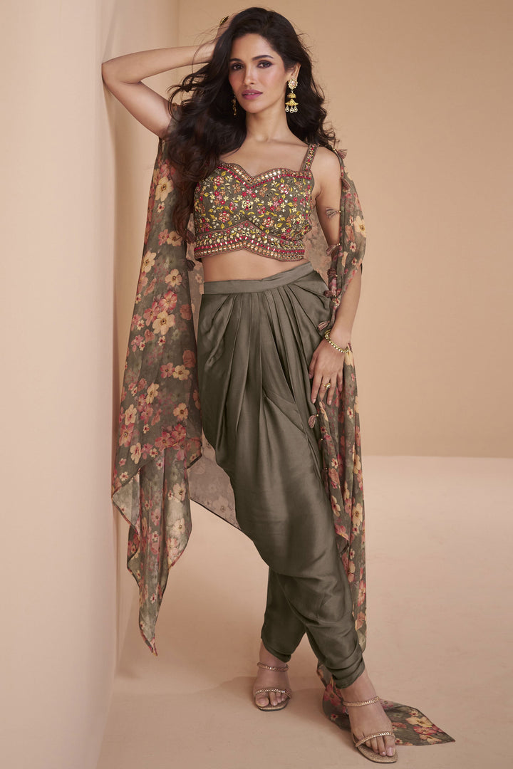 Satin Silk Fabric Soft Dark Beige Color Readymade Indo Western Dhoti Suit With Shrug