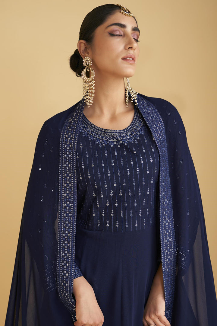 Navy Blue Color Embroidered Work Georgette Fabric Anarkali Suit