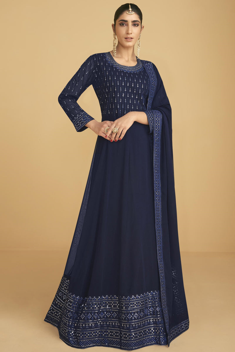 Navy Blue Color Embroidered Work Georgette Fabric Anarkali Suit