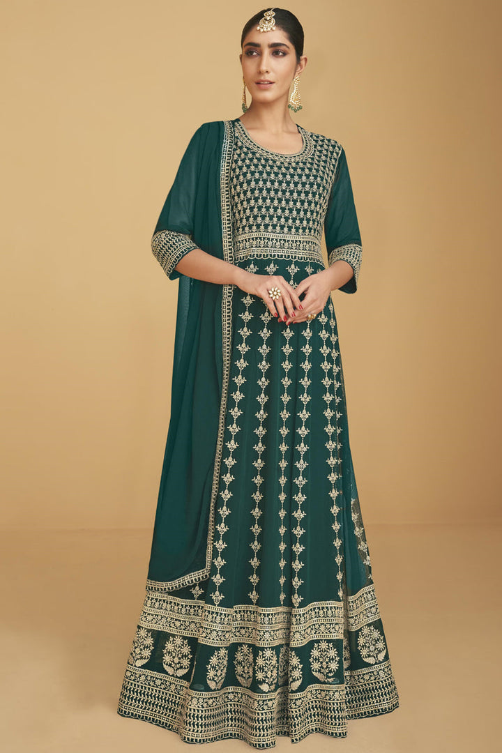 Charming Embroidered Work Dark Green Color Georgette Fabric Function Wear Anarkali Suit