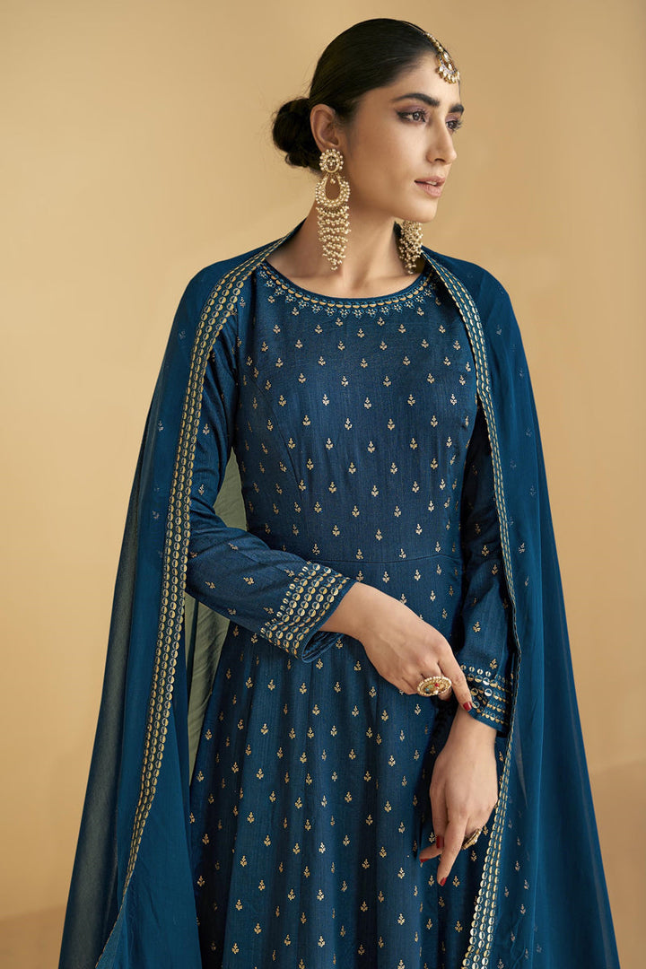 Alluring Georgette Fabric Blue Color Function Wear Anarkali Suit With Embroidered Work