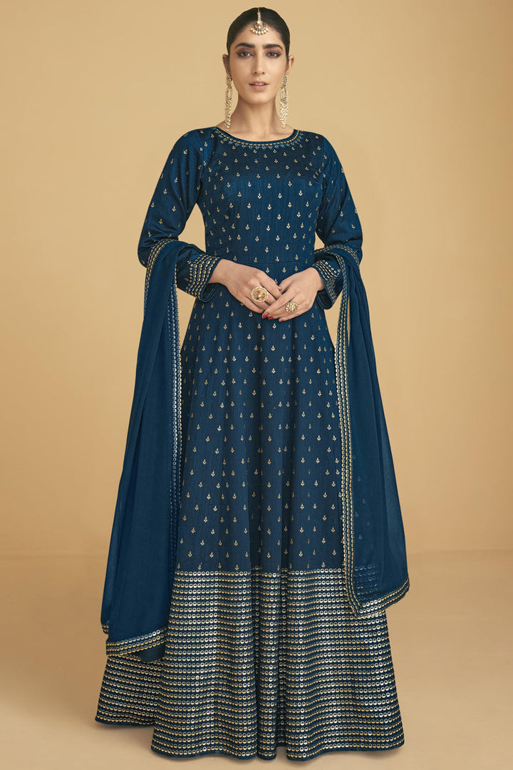 Alluring Georgette Fabric Blue Color Function Wear Anarkali Suit With Embroidered Work