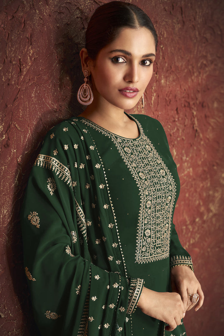 Function Wear Georgette Fabric Embroidered Dark Green Color Palazzo Dress