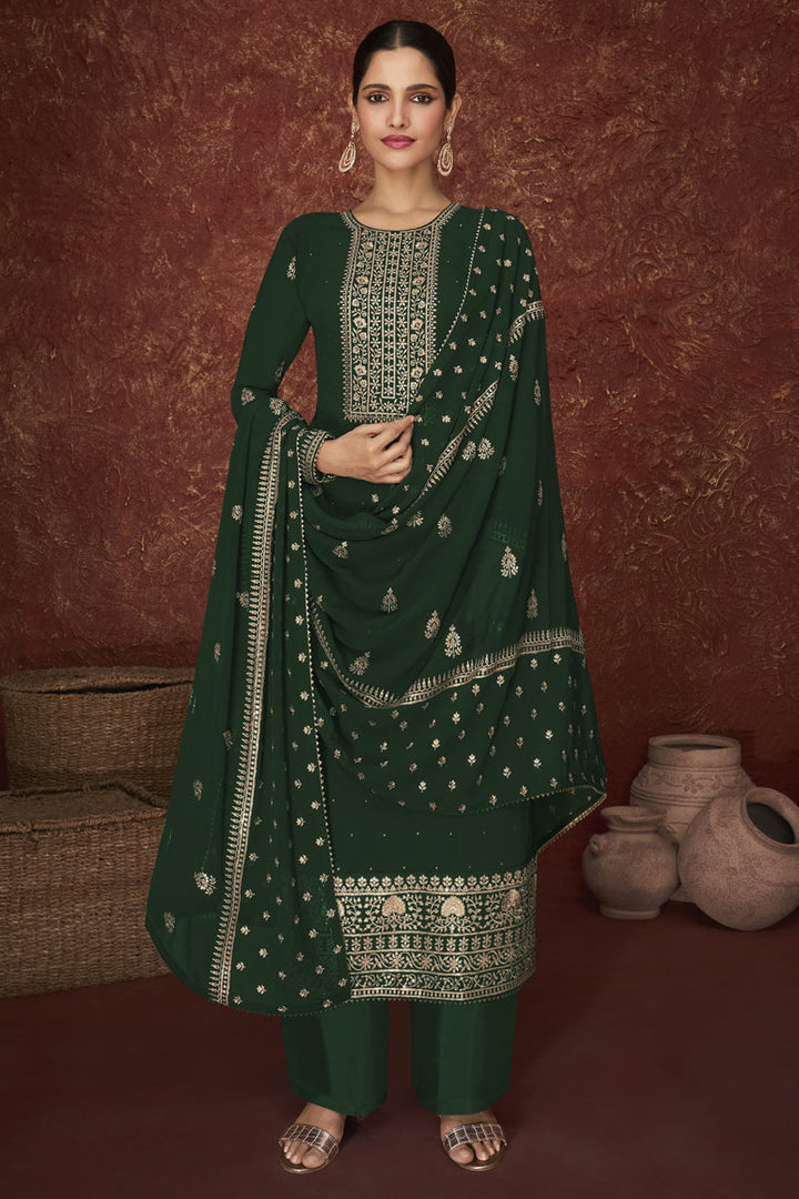 Function Wear Georgette Fabric Embroidered Dark Green Color Palazzo Dress