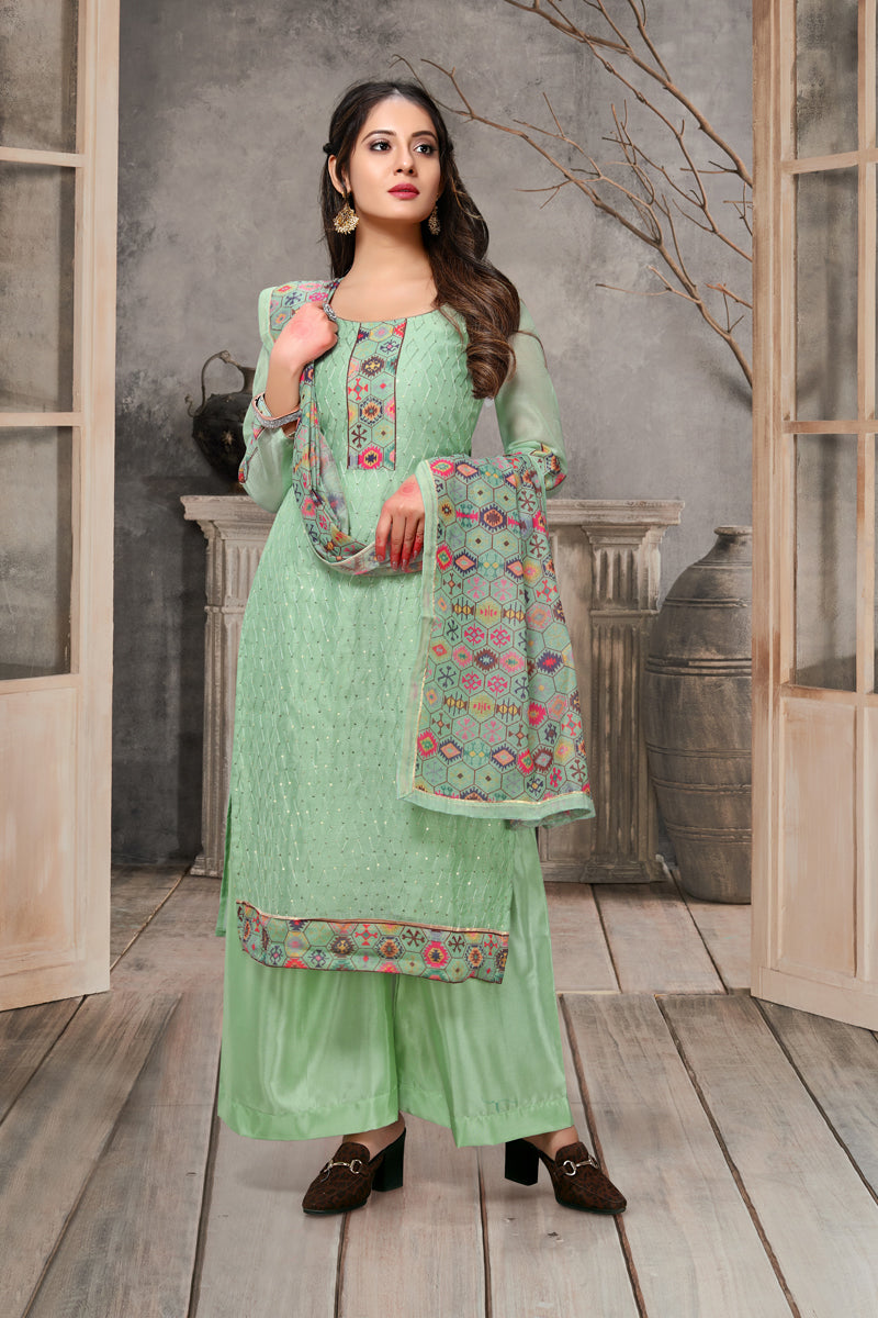Daily Wear Sea Green Color Embroidered Palazzo