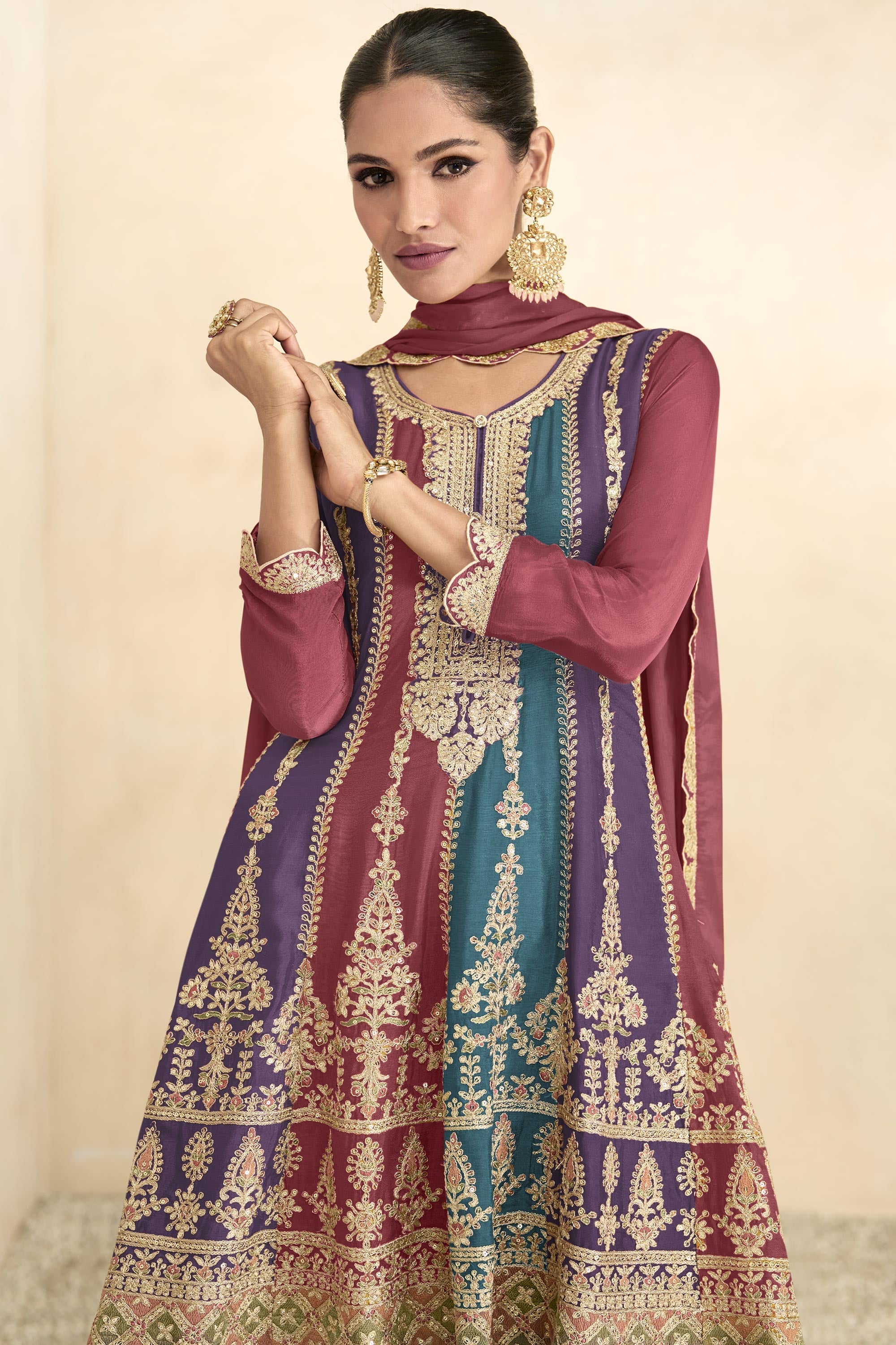 Chinon Fabric Embroidered Maroon Color Readymade Pakistani Palazzo Suit