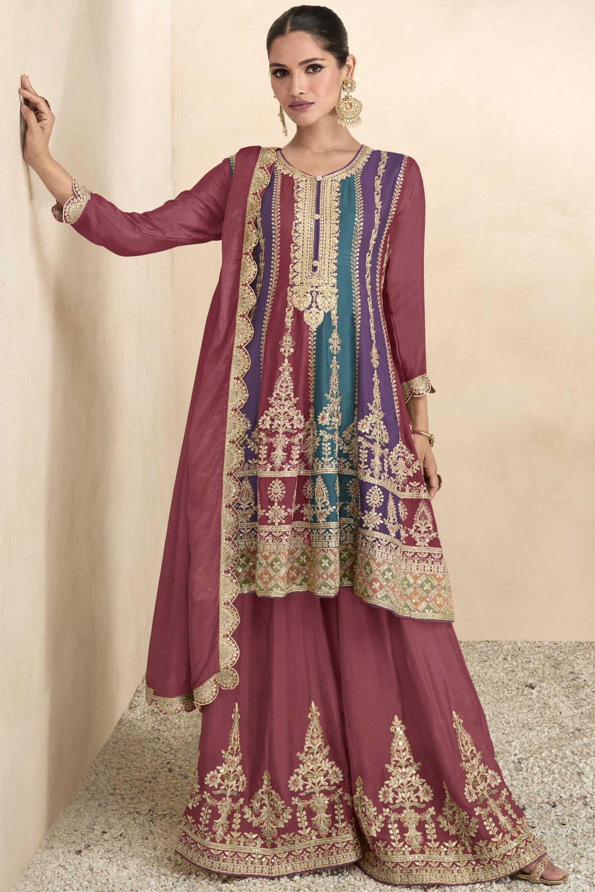 Chinon Fabric Embroidered Maroon Color Readymade Pakistani Palazzo Suit