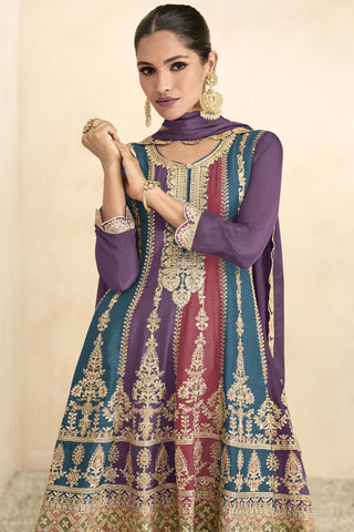 Chinon Fabric Embroidered Readymade Pakistani Palazzo Suit In Purple Color