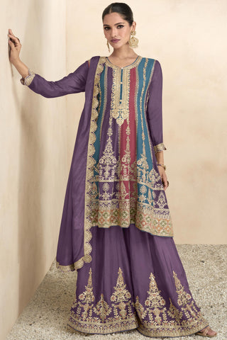 Chinon Fabric Embroidered Readymade Pakistani Palazzo Suit In Purple Color