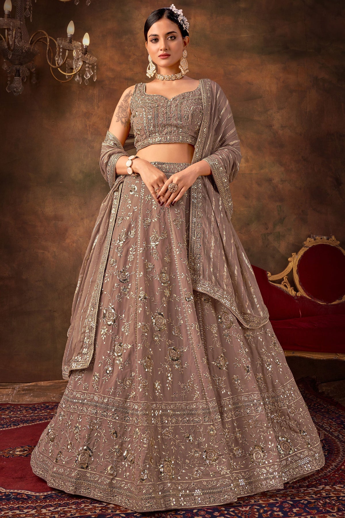 Georgette Fabric Brown Color Lehenga Choli For Wedding Function