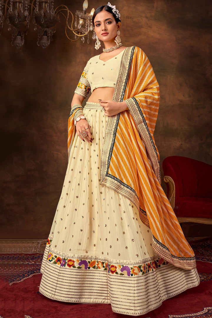 Off White Color Embroidered Lehenga Choli In Georgette Fabric