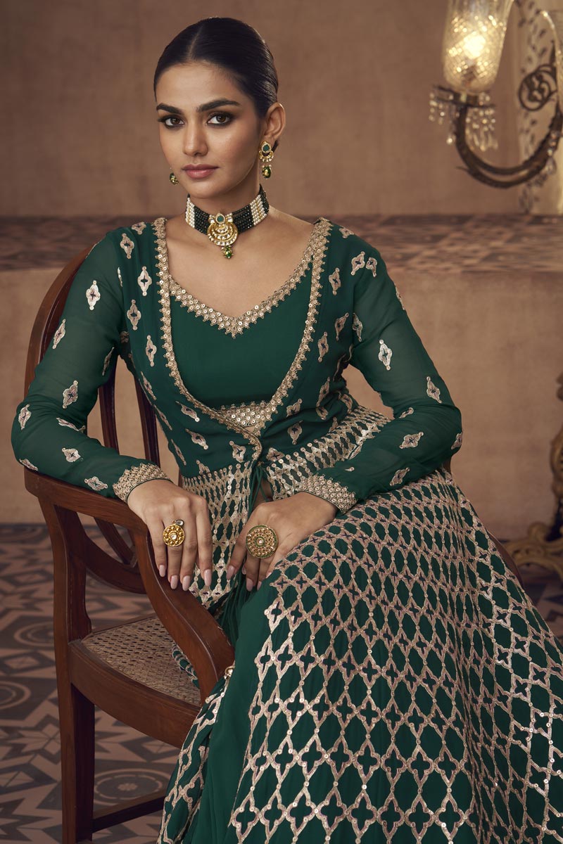 Elegant Function Wear Georgette Fabric Sharara Top Lehenga In Green Color