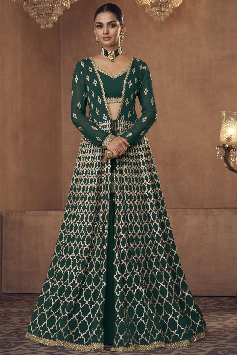 Elegant Function Wear Georgette Fabric Sharara Top Lehenga In Green Color