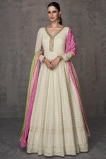 Load image into Gallery viewer, Beige Color Embroidered Readymade Long Anarkali Salwar Suit In Georgette Fabric

