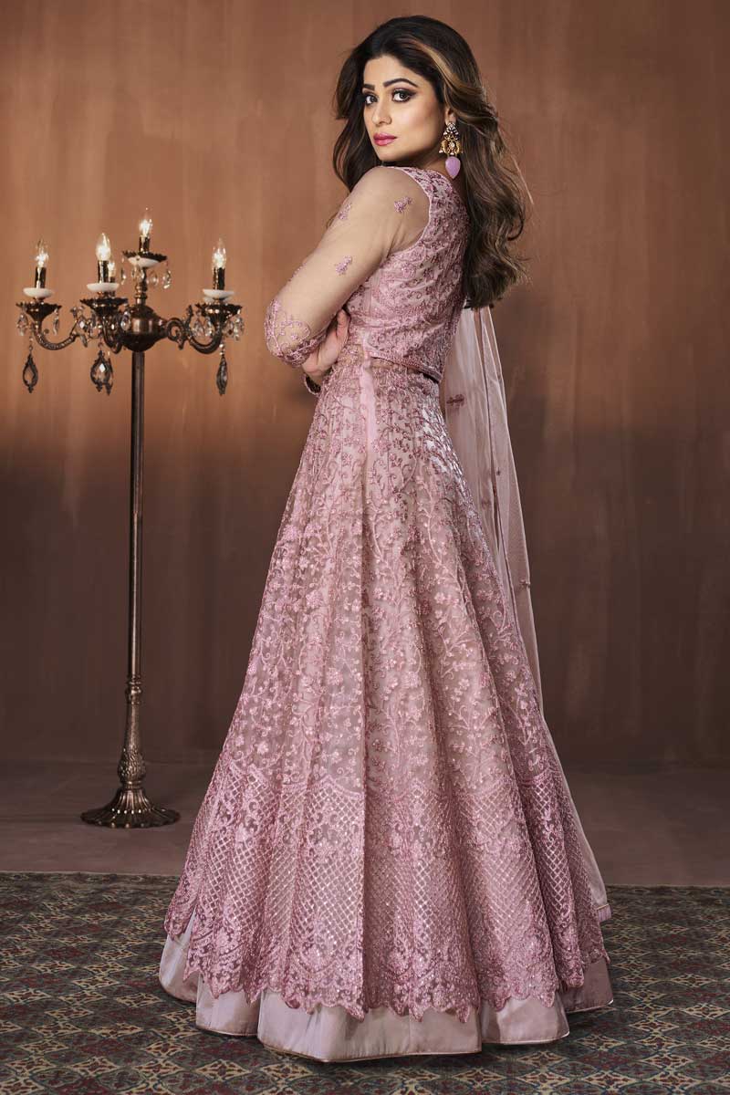 Astounding Function Wear Net Fabric Pink Color Embroidered Work Anarkali Suit Featuring Shamita Shetty