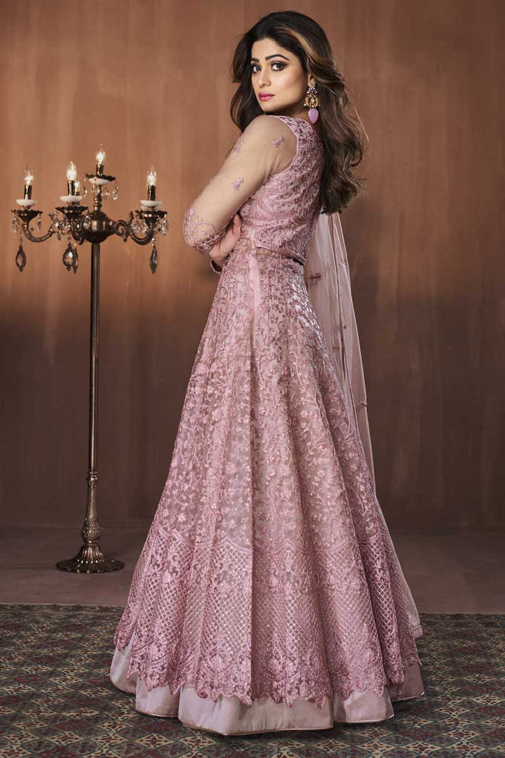Astounding Function Wear Net Fabric Pink Color Embroidered Work Anarkali Suit Featuring Shamita Shetty
