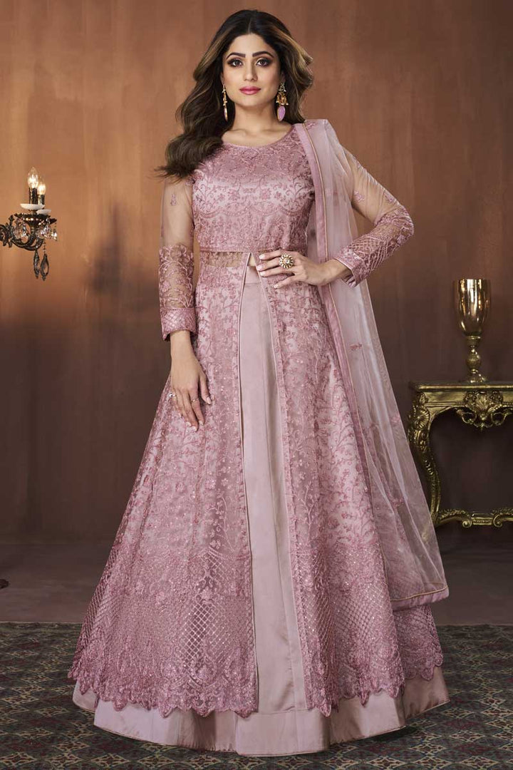 Astounding Function Wear Net Fabric Pink Color Embroidered Work Anarkali Suit Featuring Shamita Shetty