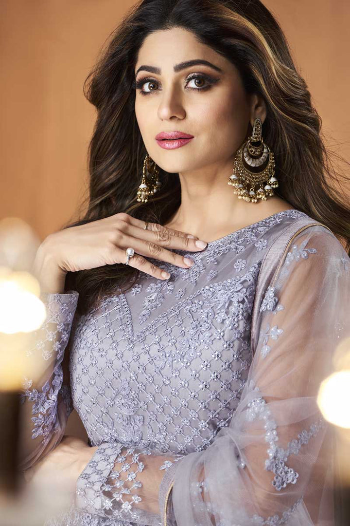 Lavender Color Net Fabric Function Wear Remarkable Embroidered Work Anarkali Suit Featuring Shamita Shetty
