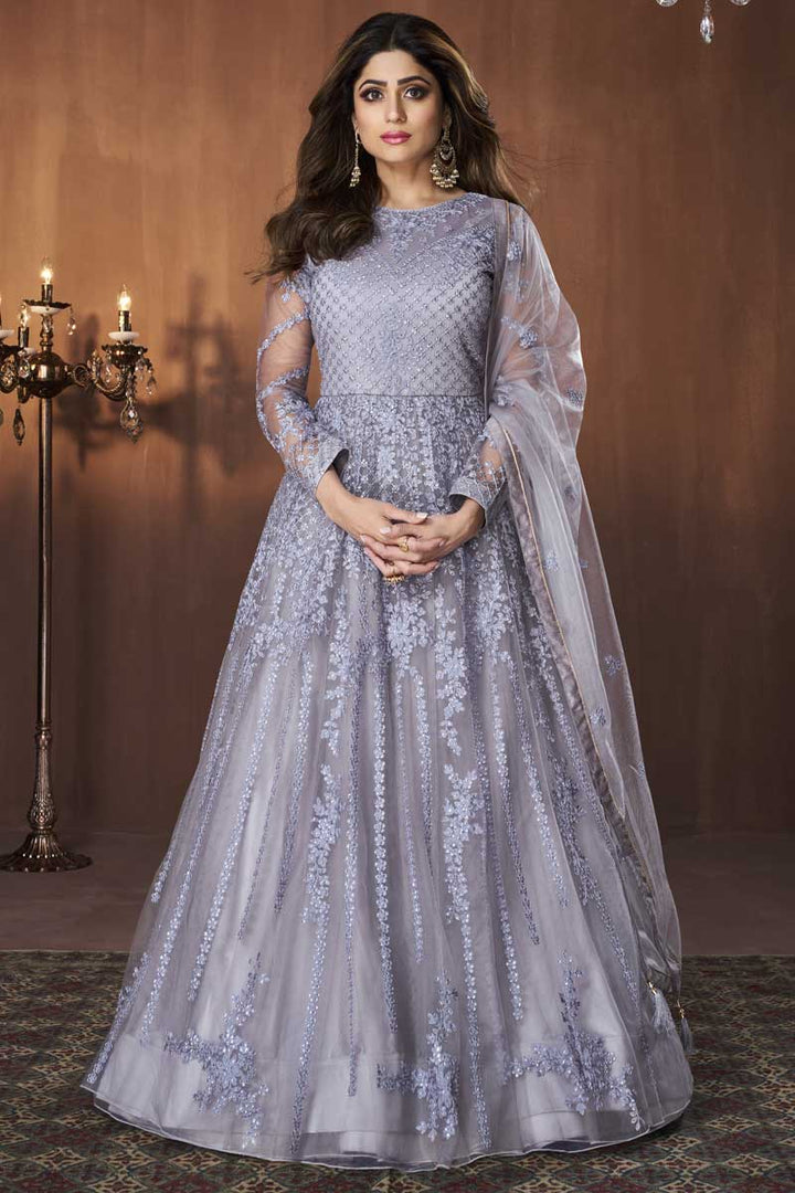 Lavender Color Net Fabric Function Wear Remarkable Embroidered Work Anarkali Suit Featuring Shamita Shetty