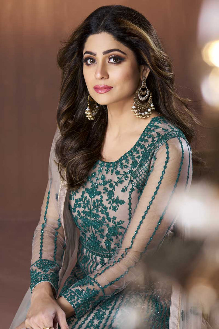 Teal Color Function Wear Charismatic Embroidered Work Anarkali Suit Featuring Shamita Shetty In Net Fabric