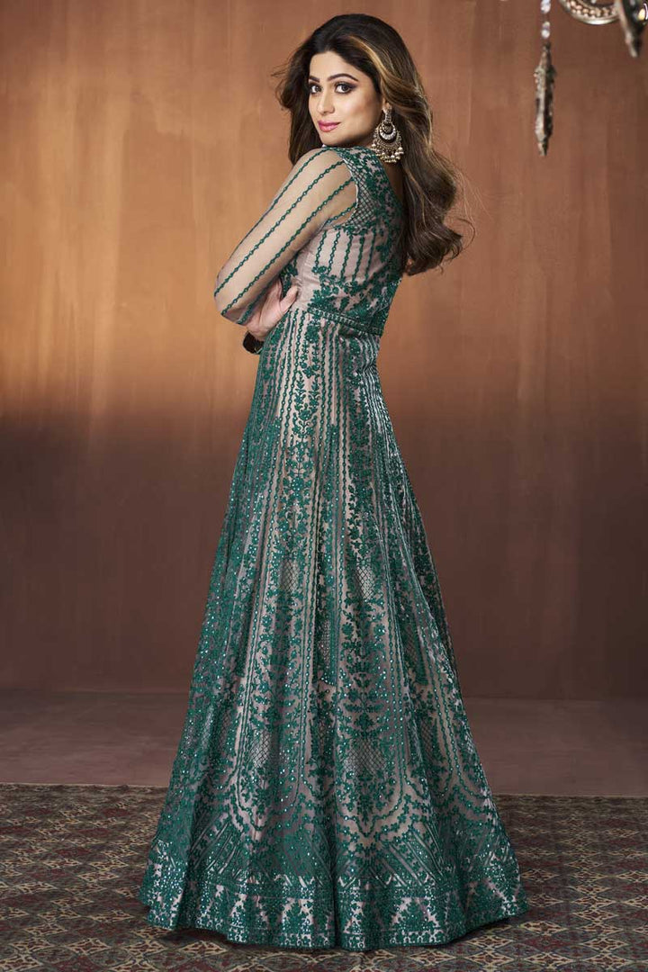 Teal Color Function Wear Charismatic Embroidered Work Anarkali Suit Featuring Shamita Shetty In Net Fabric