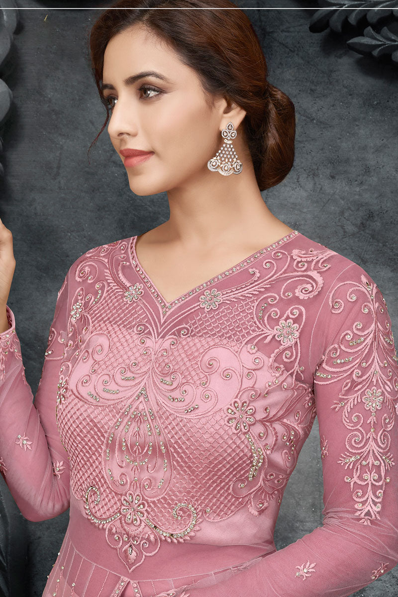 Alluring Satin Fabric Pink Color Embroidered Anarkali Suit