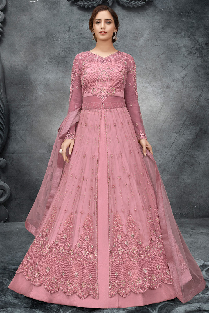 Alluring Satin Fabric Pink Color Embroidered Anarkali Suit