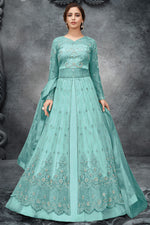 Load image into Gallery viewer, Excellent Satin Fabric Cyan Color Embroidered Anarkali Suit
