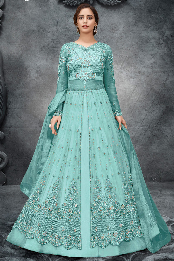 Excellent Satin Fabric Cyan Color Embroidered Anarkali Suit