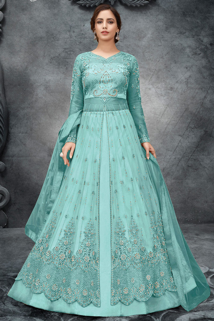 Excellent Satin Fabric Cyan Color Embroidered Anarkali Suit