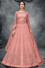 Load image into Gallery viewer, Peach Color Satin Fabric Elegant Embroidered Anarkali Suit
