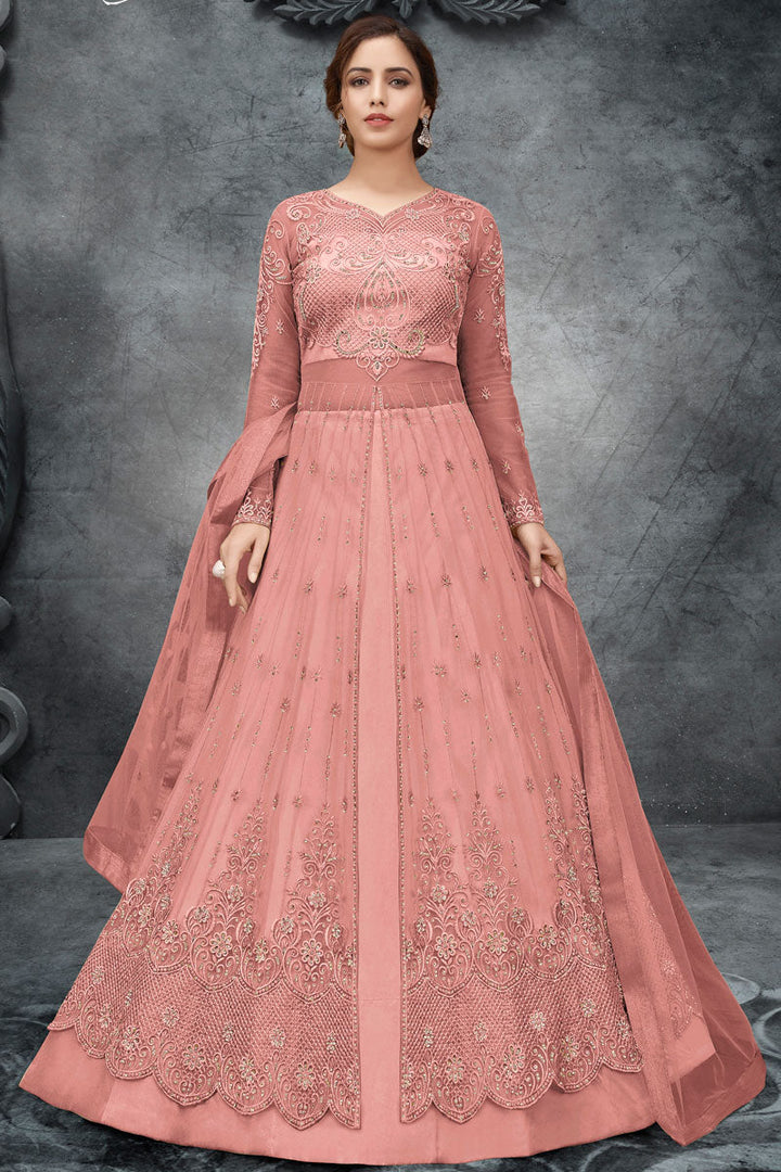 Peach Color Satin Fabric Elegant Embroidered Anarkali Suit