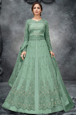 Load image into Gallery viewer, Sea Green Color Satin Fabric Tempting Embroidered Anarkali Suit
