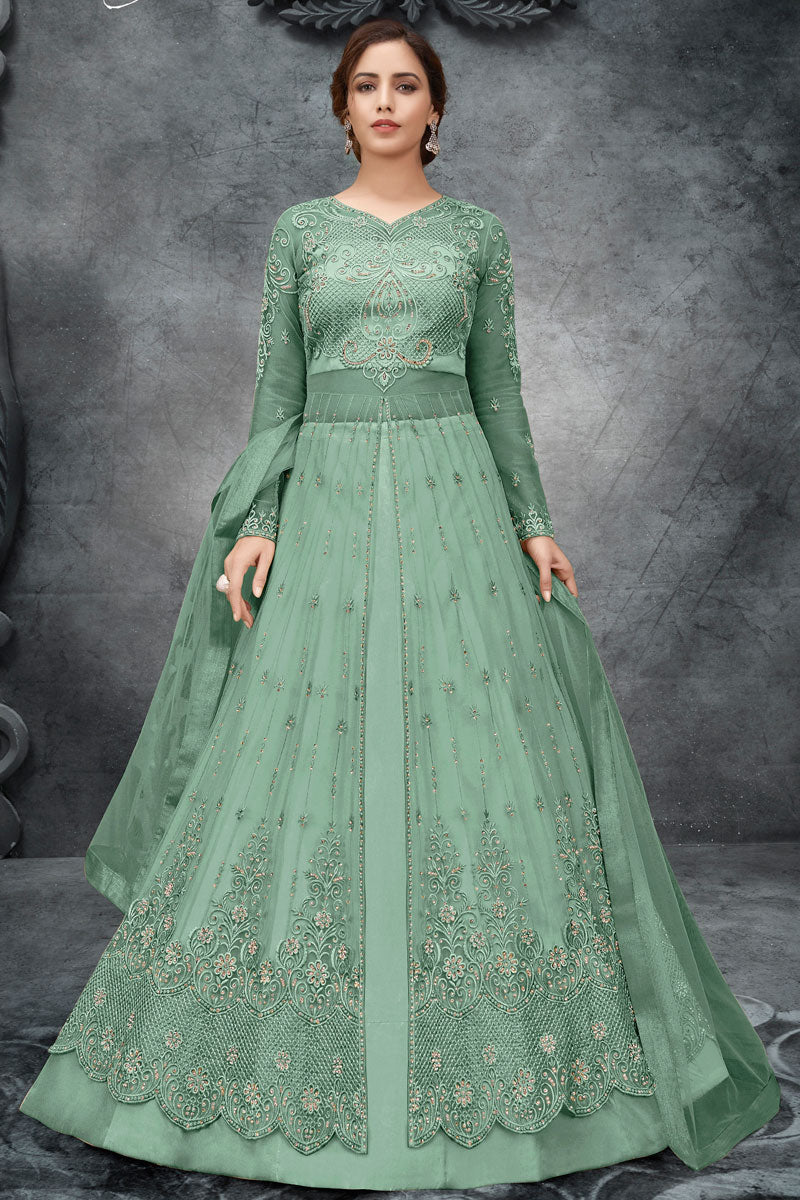 Sea Green Color Satin Fabric Tempting Embroidered Anarkali Suit