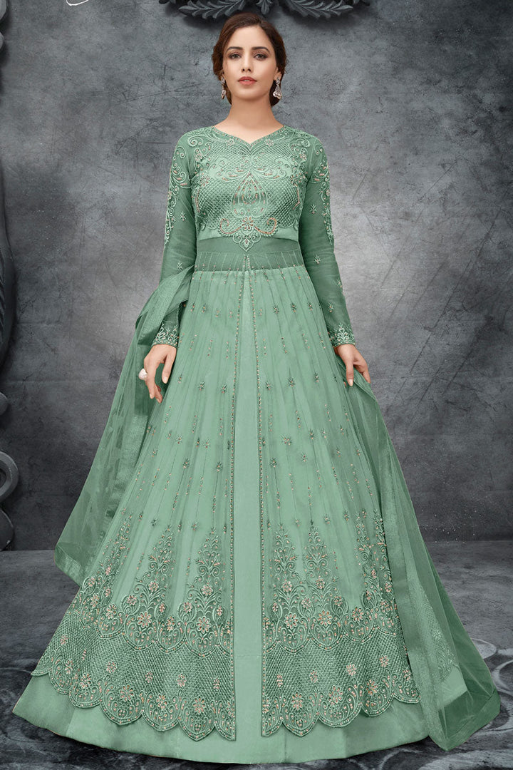 Sea Green Color Satin Fabric Tempting Embroidered Anarkali Suit