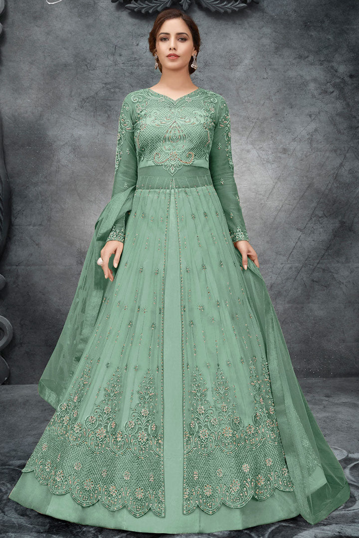 Sea Green Color Satin Fabric Tempting Embroidered Anarkali Suit