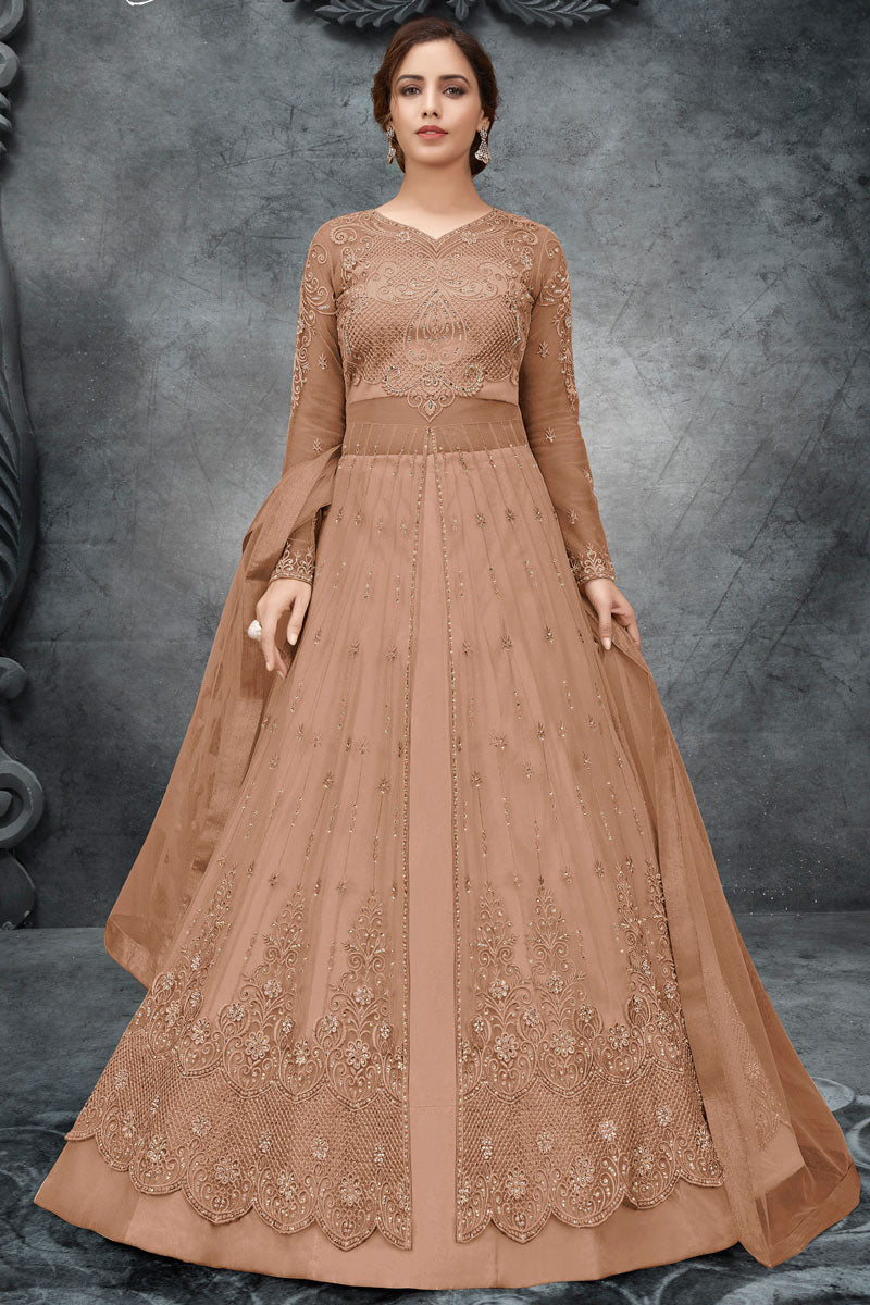 Charming Chikoo Color Satin Fabric Embroidered Anarkali Suit