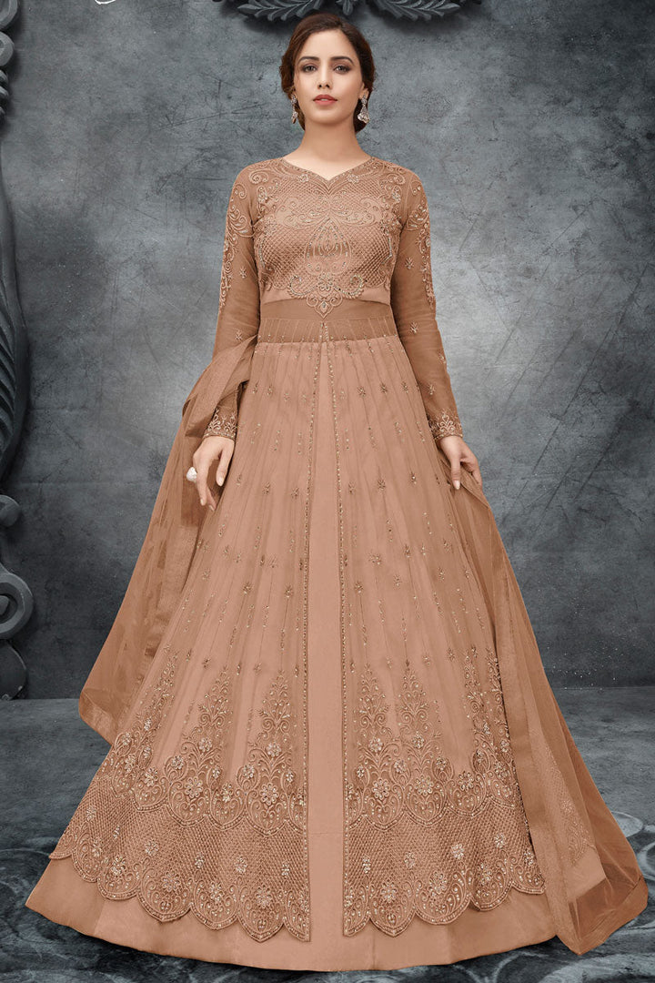 Charming Chikoo Color Satin Fabric Embroidered Anarkali Suit
