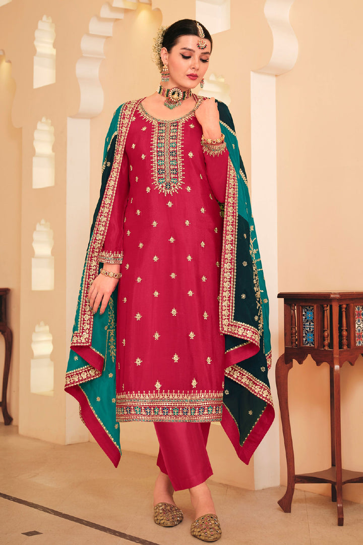 Fascinating Pink Color Chinon Fabric Embroidered Salwar Suit