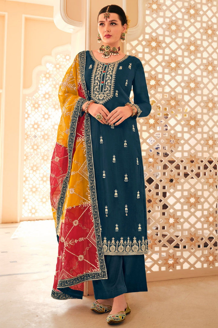 Dazzling Chinon Fabric Teal Color Embroidered Salwar Suit