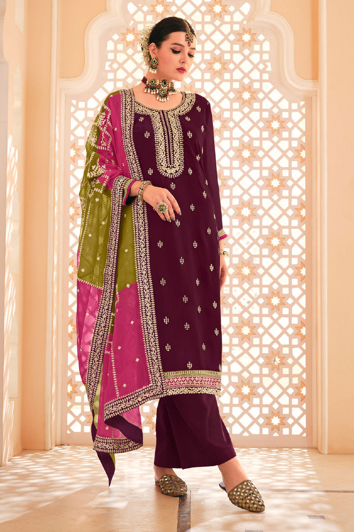 Radiant Maroon Color Chinon Fabric Embroidered Salwar Suit