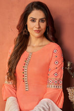Load image into Gallery viewer, Peach Color Art Silk Fabric Casual Wear Fancy Embroidered Readymade Straight Cut Suit
