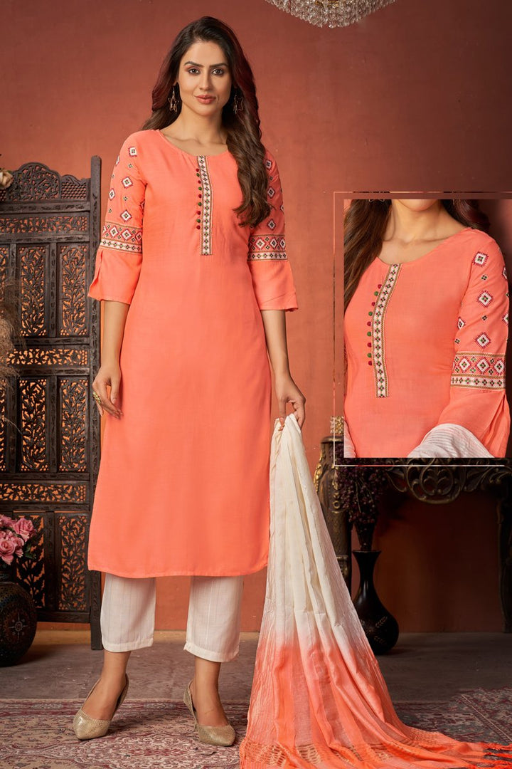 Peach Color Art Silk Fabric Casual Wear Fancy Embroidered Readymade Straight Cut Suit