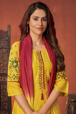 Load image into Gallery viewer, Art Silk Fabric Daily Wear Embroidered Readymade Straight Cut Suit In Yellow Color
