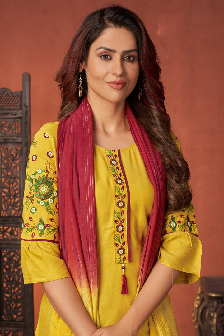 Art Silk Fabric Daily Wear Embroidered Readymade Straight Cut Suit In Yellow Color