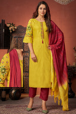 Load image into Gallery viewer, Art Silk Fabric Daily Wear Embroidered Readymade Straight Cut Suit In Yellow Color
