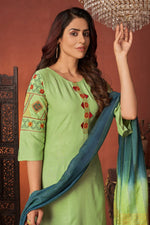 Load image into Gallery viewer, Sea Green Color Casual Wear Embroidered Art Silk Fabric Readymade Straight Cut Suit
