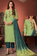 Load image into Gallery viewer, Sea Green Color Casual Wear Embroidered Art Silk Fabric Readymade Straight Cut Suit

